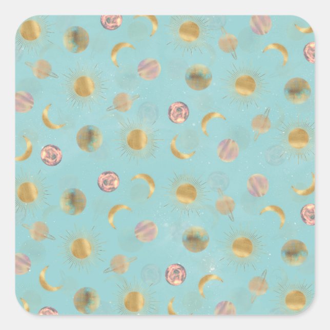 Pegatina Cuadrada Dorado Sun Moon Planetas Espacio ilustracion Azul (Anverso)