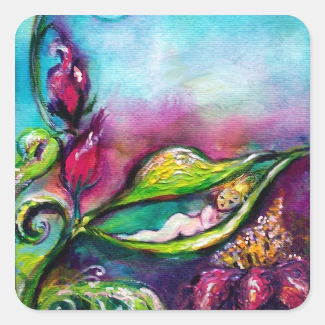 PEGATINA CUADRADA DORMIR DE THUMBELINA ENTRE HOJAS ROSAS (Anverso)