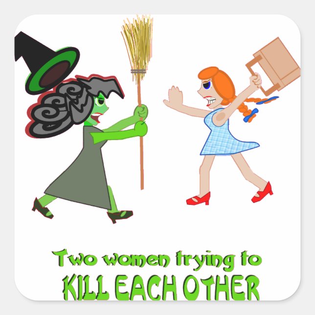 Pegatina Cuadrada Dorothy, Elphaba y un par de zapatos (Anverso)