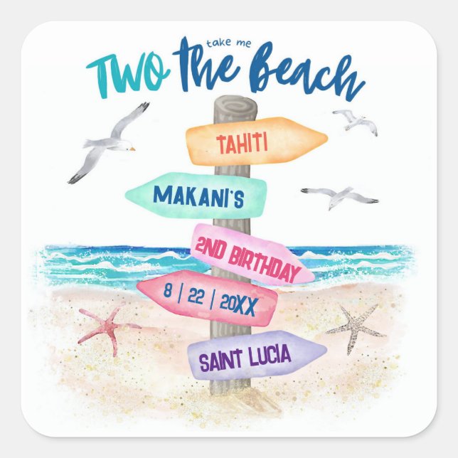 Pegatina Cuadrada Dos a la playa | Cumpleaños infantil número 2 (Anverso)