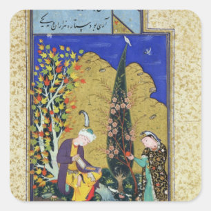 Pegatina Cuadrada Dos amantes en una huerta floreciente