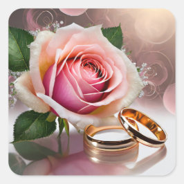 Pegatina Cuadrada Dos anillos bodas con un rosa rosa claro