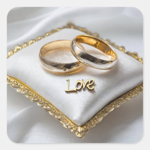 Pegatina Cuadrada Dos anillos bodas sobre una almohada blanca