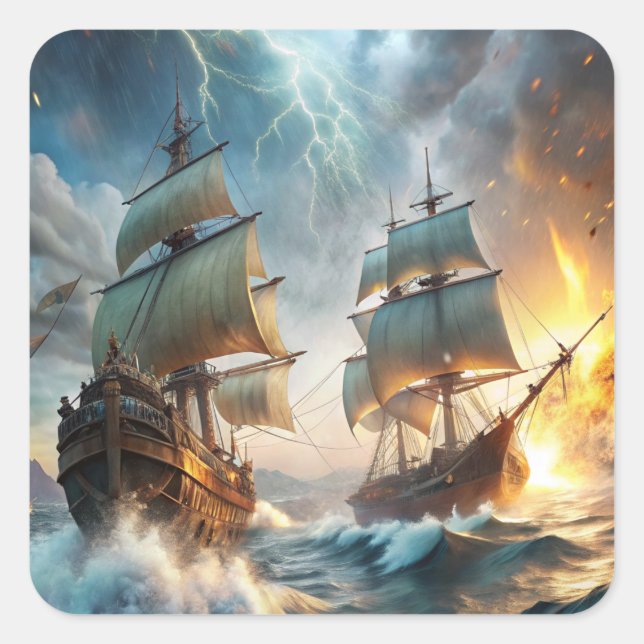 Pegatina Cuadrada Dos barcos en el mar (Anverso)