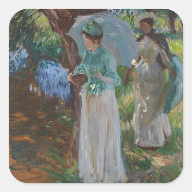 Pegatina Cuadrada Dos Chicas con sombrillas (Anverso)
