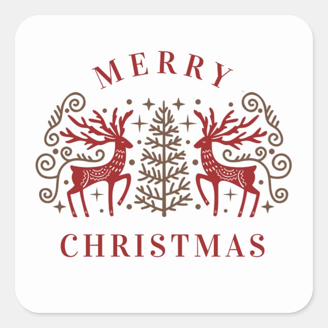 Pegatina Cuadrada Dos ciervos Feliz Navidad Rojo y Marrón (Anverso)