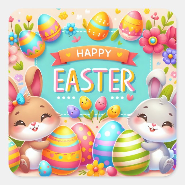 Pegatina Cuadrada Dos conejitos celebrando la Pascua (Anverso)