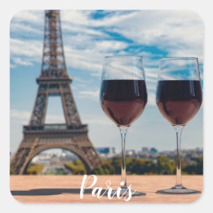 Pegatina Cuadrada Dos copas de vino con Torre Eiffel