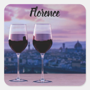 Pegatina Cuadrada Dos copas de vino tinto en el horizonte de Florenc