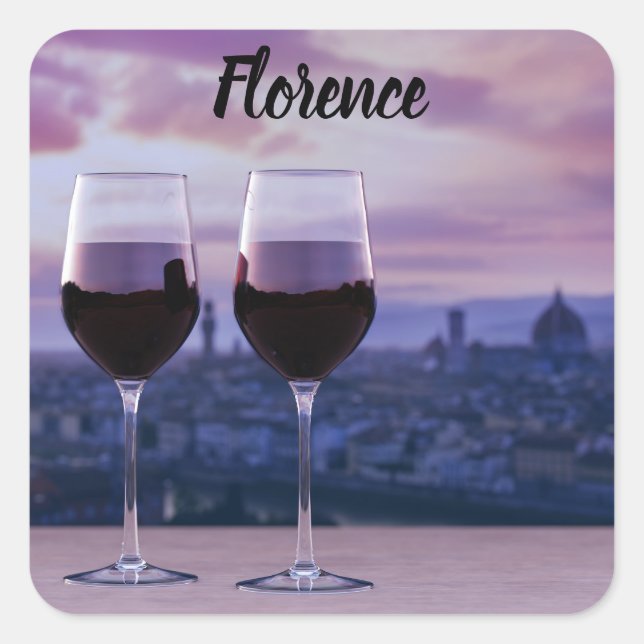 Pegatina Cuadrada Dos copas de vino tinto en el horizonte de Florenc (Anverso)