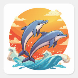 Pegatina Cuadrada Dos delfines de dibujos animados saltando
