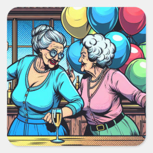 Pegatina Cuadrada Dos dulces ancianas en un bar que baila cumpleaños