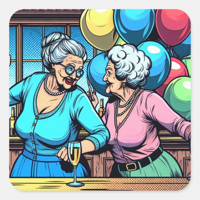 Pegatina Cuadrada Dos dulces ancianas en un bar que baila cumpleaños (Anverso)