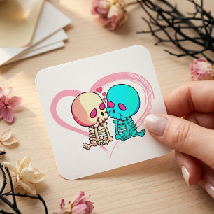 Pegatina Cuadrada Dos esqueletos románticos besándose con el corazón