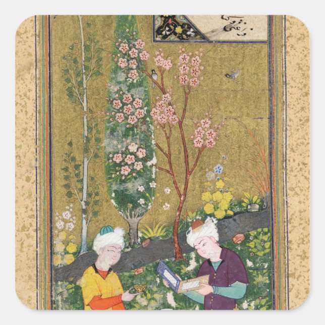 Pegatina Cuadrada Dos figuras leyendo y relajando en un huerto (Anverso)