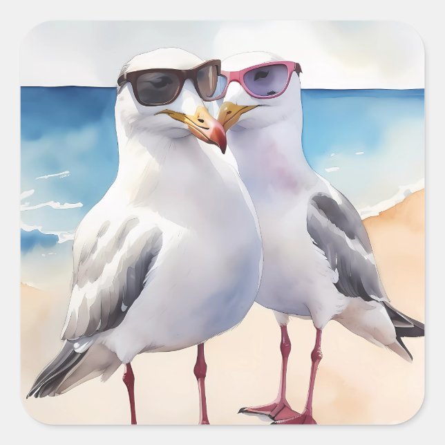 Pegatina Cuadrada Dos gaviotas cortas enamoradas (Anverso)