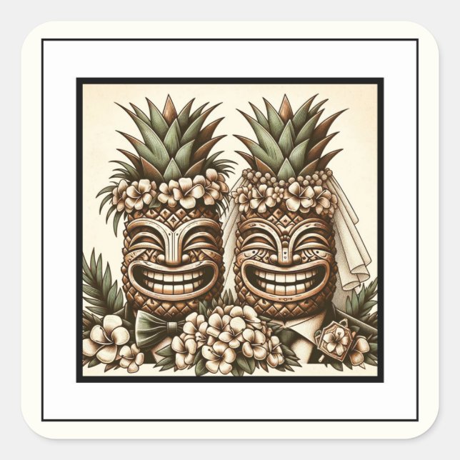 Pegatina Cuadrada Dos Grooms Gay Pineapple Tiki Head Retro Boda (Anverso)