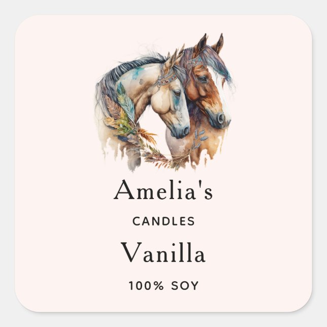 Pegatina Cuadrada Dos hermosos caballos del oeste del Boho Candle Bu (Anverso)