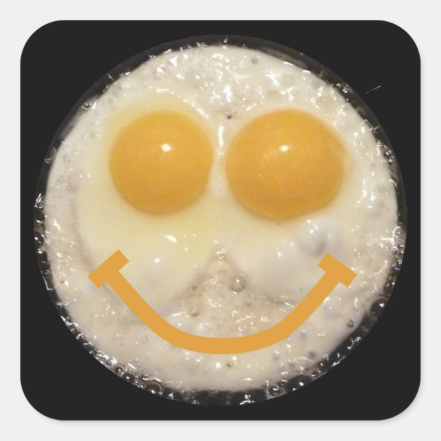 Pegatina Cuadrada Dos huevos en una sartén frita con sonrisa (Anverso)