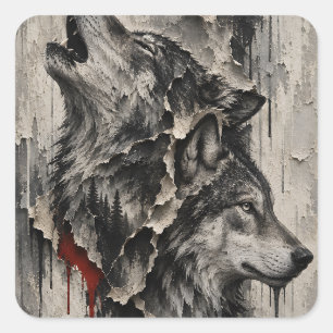 Pegatina Cuadrada Dos Lobos, Un Corazón