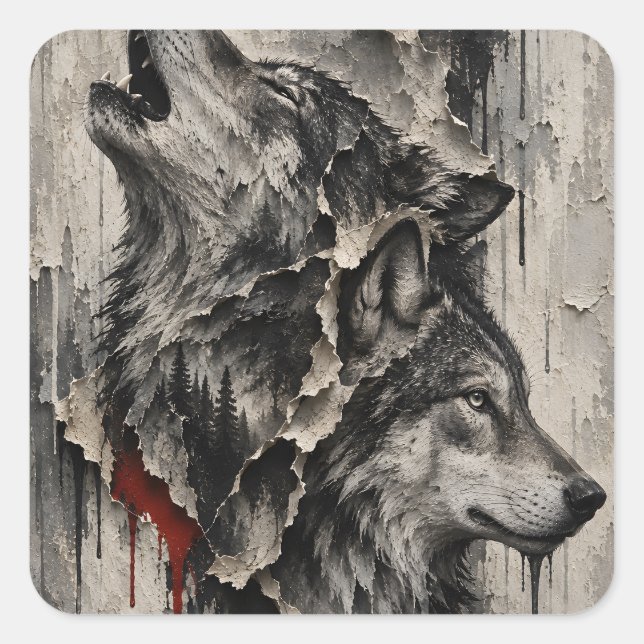 Pegatina Cuadrada Dos Lobos, Un Corazón (Anverso)