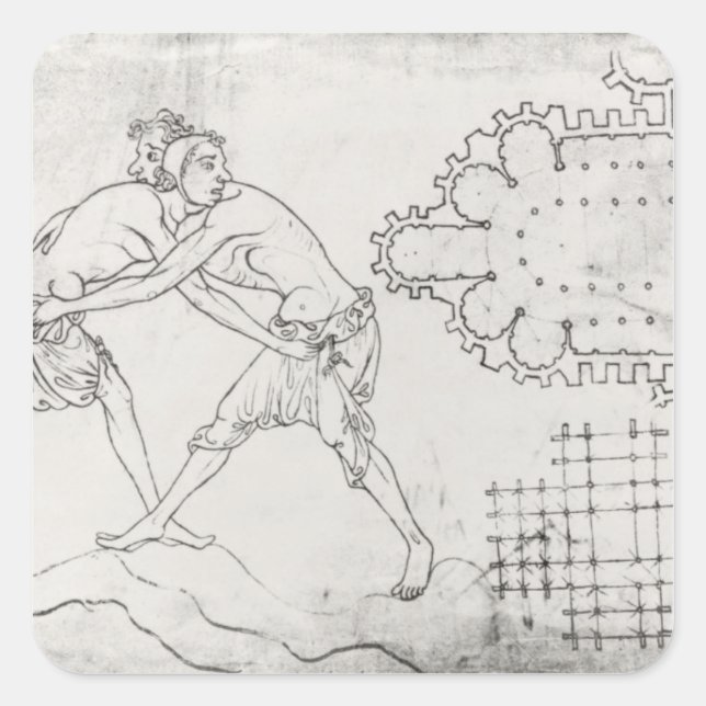 Pegatina Cuadrada Dos luchadores, plan de una iglesia cisterciense (Anverso)