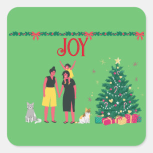 PEGATINA CUADRADA DOS MAMÁS Y HIJA FELIZ NAVIDAD