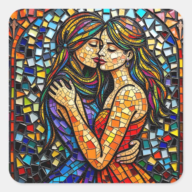 Pegatina Cuadrada Dos mujeres en mosaico estilo arte ai (Anverso)