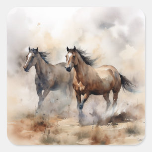 Pegatina Cuadrada “Dos Mustangs Salvajes” Acolorada Occidental Polvo