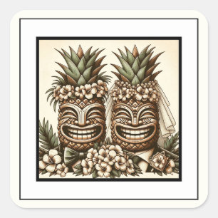 Pegatina Cuadrada Dos novios cabeza de piña tiki gay retro boda 