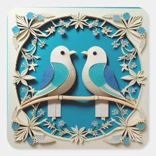 Pegatina Cuadrada Dos Pájaros 🌿 Diseño de Motivo Floral ✂️ Naturale