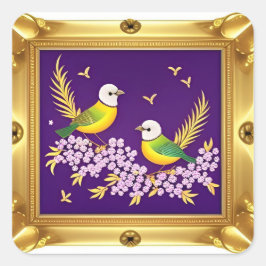Pegatina Cuadrada Dos pájaros en marco dorado ornamentado