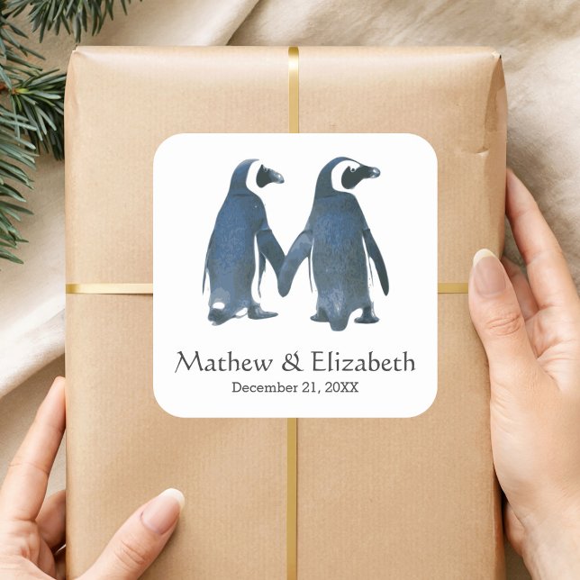 Pegatina Cuadrada Dos Pingüinos Adorables | Boda Romántica (Subido por el creador)