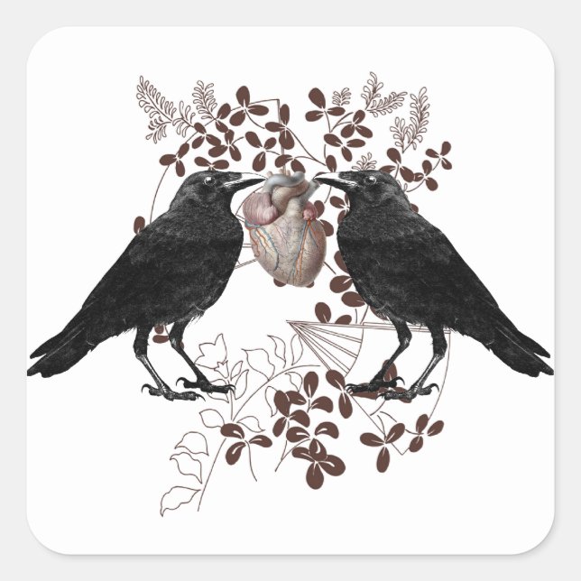 Pegatina Cuadrada Dos Ravens Y Corazón (Anverso)