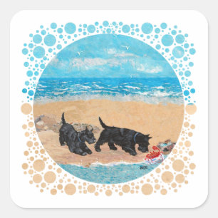 Pegatina Cuadrada Dos Scotties en la Playa