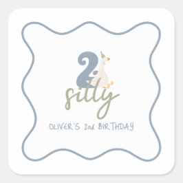 Pegatina Cuadrada Dos Silly Goose azul y verde segundo cumpleaños