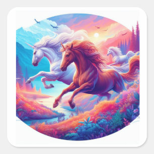 Pegatina Cuadrada Dos Unicornios coloridos