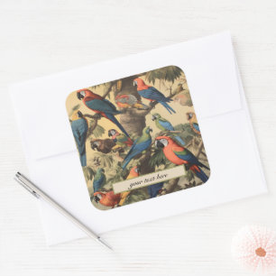 Pegatina Cuadrada Dosel de loro de texto personalizado botánico vint