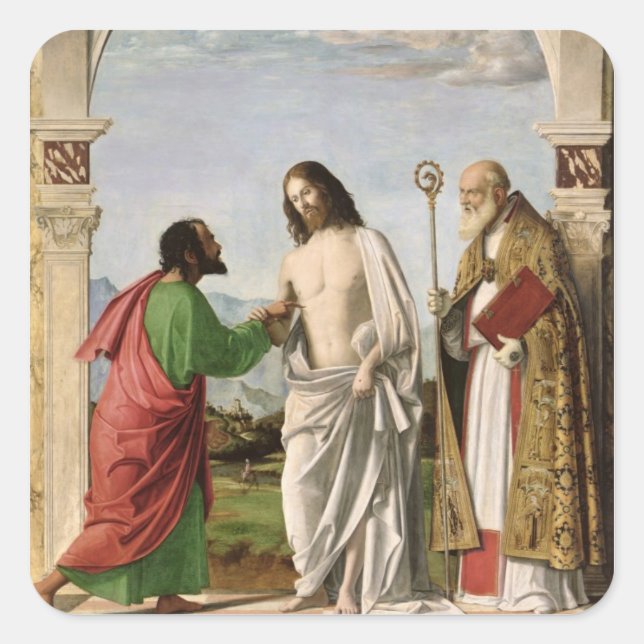 Pegatina Cuadrada Doubting Thomas con St. Magnus, c.1504-05 (Anverso)