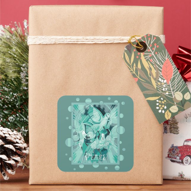 Pegatina Cuadrada Dove con Celtic Peace Text en Aqua Tones (Vacaciones)