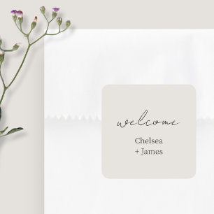 Pegatina Cuadrada Dove Gris Boda de Bienvenida Chic Script