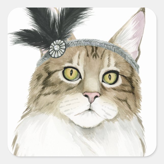 Pegatina Cuadrada Downton Cat | Adornado Con Pájaros (Anverso)