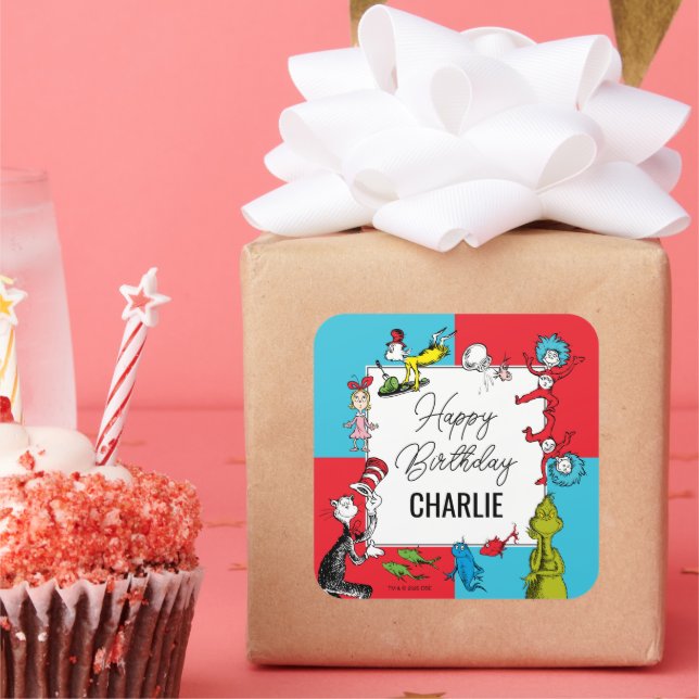 Pegatina Cuadrada Dr. Seuss - Caracteres | Cumpleaños de los niños (Fiesta)