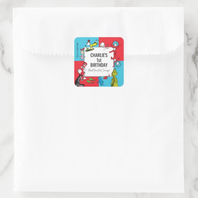 Pegatina Cuadrada Dr. Seuss - Personajes | Cumpleaños de niños (Bolso)