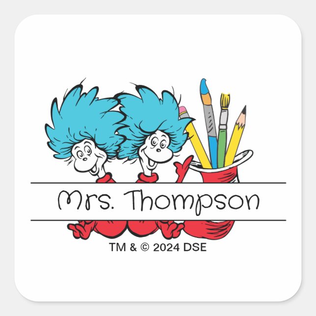 Pegatina Cuadrada Dr. Seuss | Thing One Thing Two Teacher Name (Anverso)