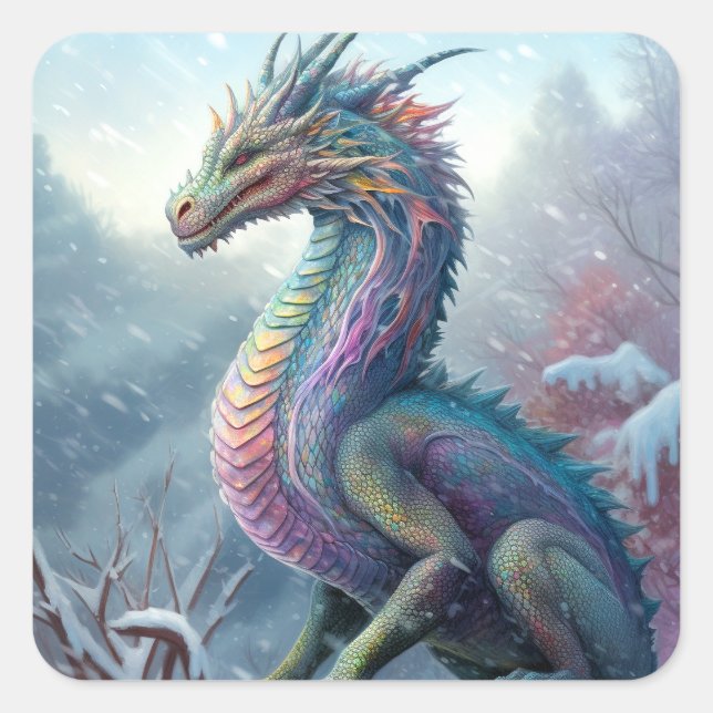 Pegatina Cuadrada Dragón Arcoiris En El Arte De La Nieve Fantasía (Anverso)