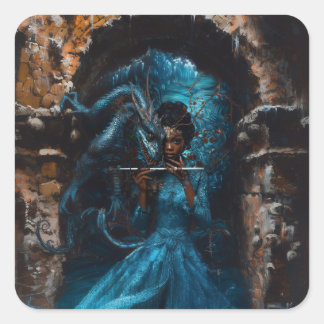 Pegatina Cuadrada Dragón azul