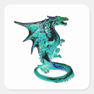 Pegatina Cuadrada Dragón Azul Marino Criatura Mítica Océano Fantasía