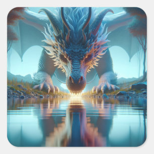 Pegatina Cuadrada Dragón azul místico mira la reflexión en el agua
