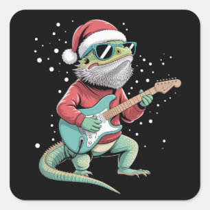 Pegatina Cuadrada Dragón barbudo de Navidad tocando guitarra músico